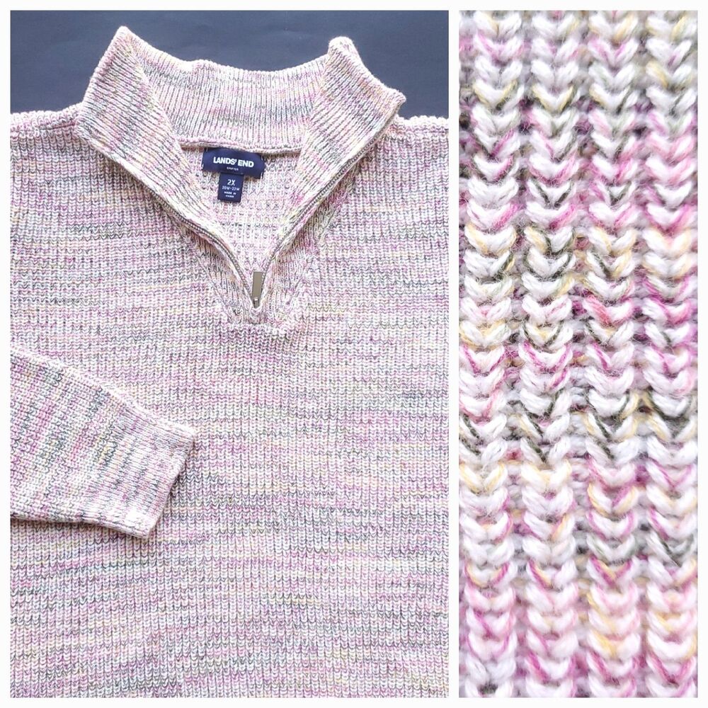 Lands End Sweater Womens 2X Cotton 1/4 Zip Mock Neck Pullover Chunky Fisherman